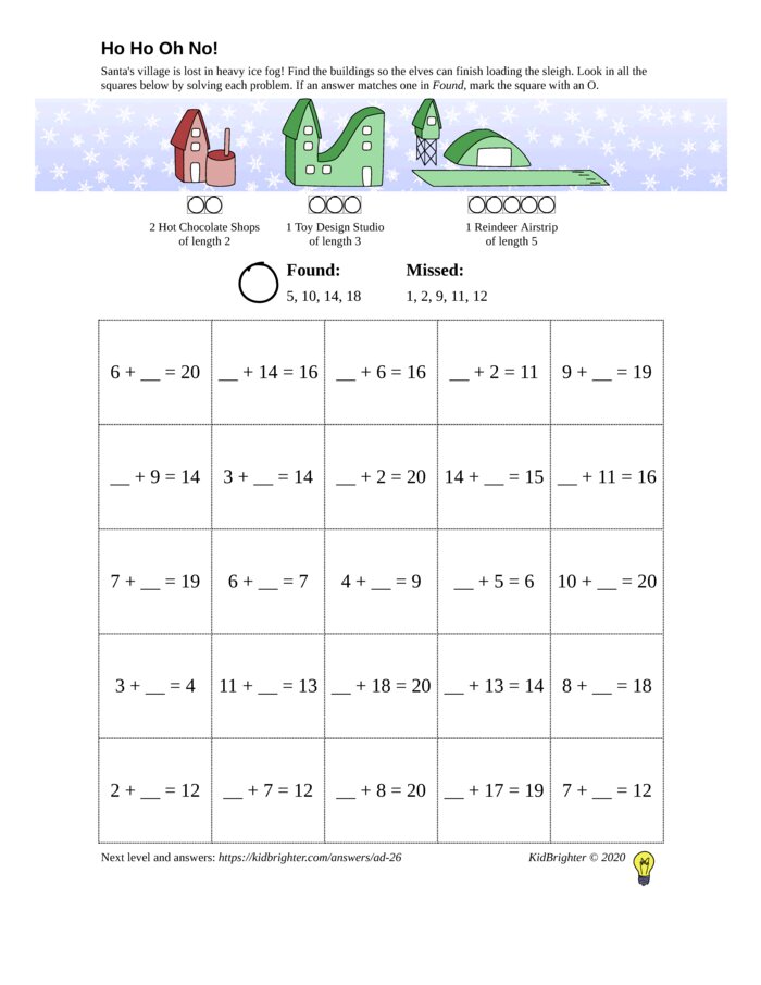 Thumbnail of An addition challenge work sheet for Grade 1.  Find santa on a 5 by 5 grid. v1