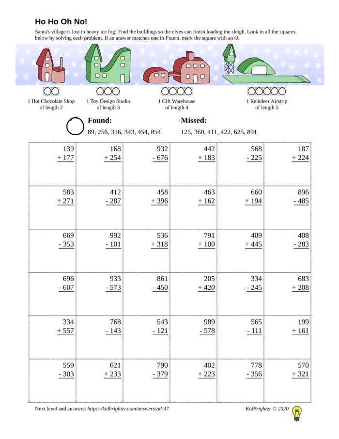 Thumbnail of A mixed addition and subtraction challenge work sheet for Grade 2.  Find santa on a 6 by 6 grid. v1