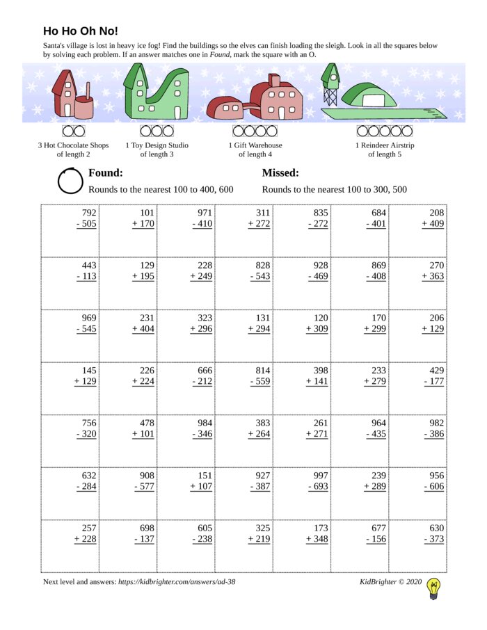 Preview of A mixed addition and subtraction challenge work sheet for Grade 3.  Find santa on a 7 by 7 grid. v1