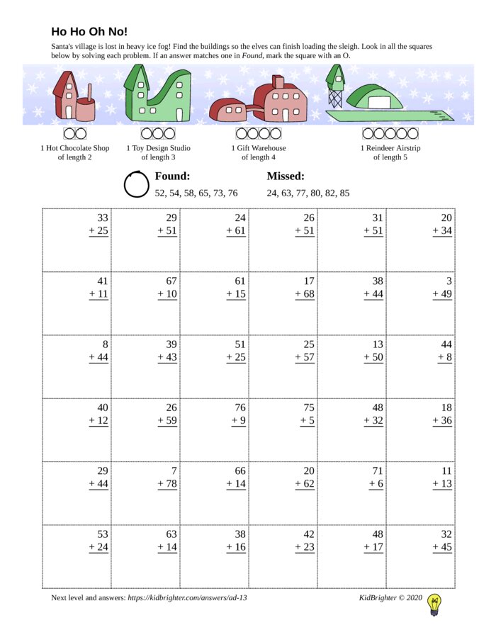 Thumbnail of An addition challenge work sheet for Grade 2.  Find santa on a 6 by 6 grid. v1