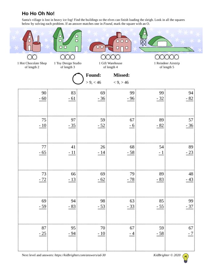 Thumbnail of A subtraction challenge work sheet for Grade 2.  Find santa on a 6 by 6 grid. v1