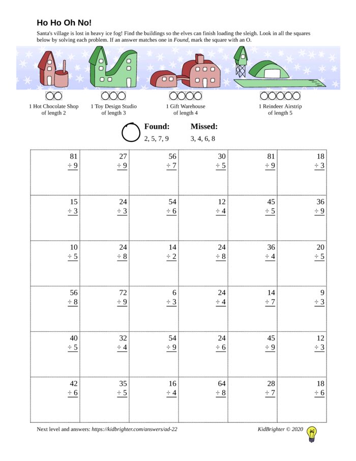 Thumbnail of A division challenge work sheet for Grade 3.  Find santa on a 6 by 6 grid. v1