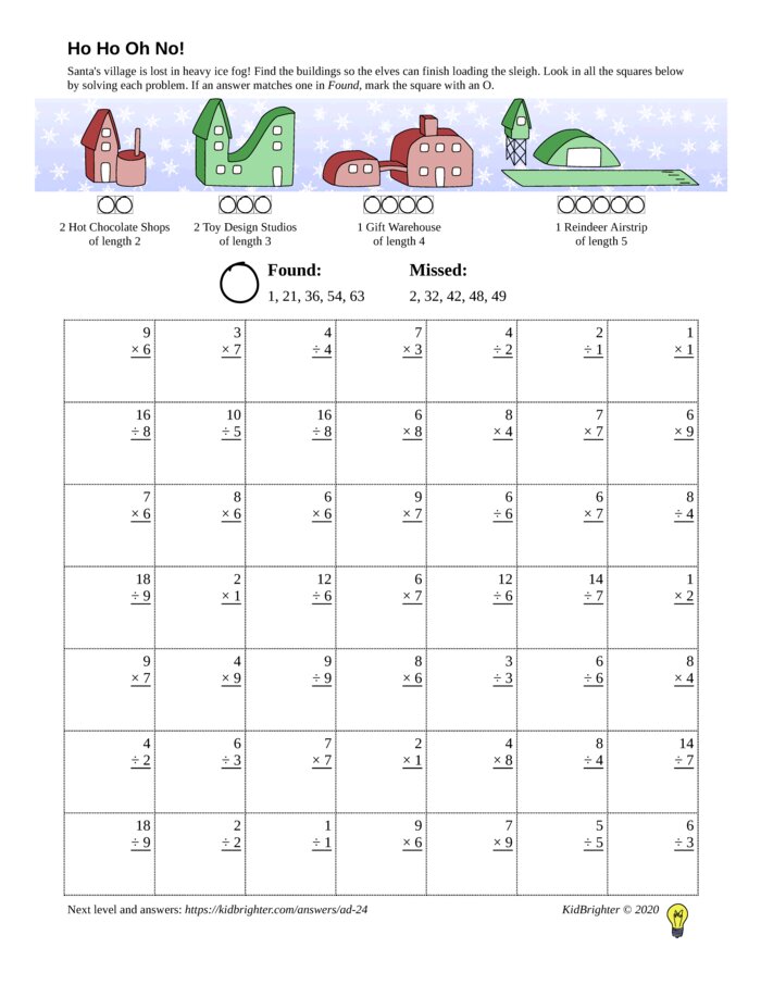 Thumbnail of A multiplication and division challenge work sheet for Grade 3.  Find santa on a 7 by 7 grid. v1