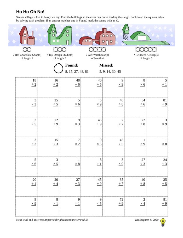 Preview of A multiplication and division challenge work sheet for Grade 3.  Find santa on a 7 by 7 grid. v1