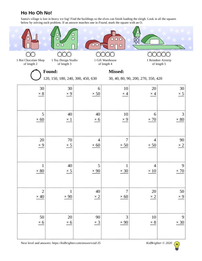 Thumbnail of A multiplication challenge work sheet for Grade 3.  Find santa on a 6 by 6 grid. v1