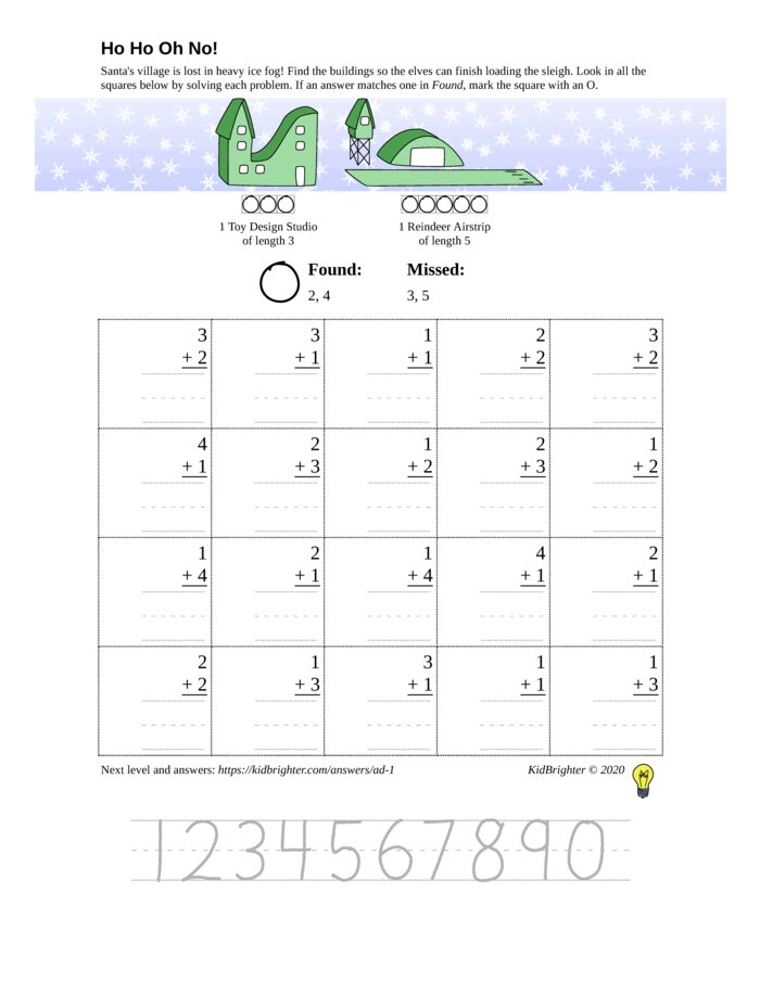 Thumbnail of An addition challenge work sheet for Kindergarten.  Find santa on a 5 by 4 grid. v1