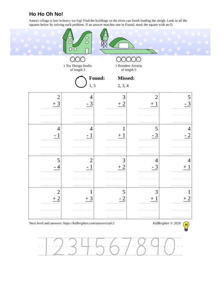Thumbnail of A mixed addition and subtraction challenge work sheet for Kindergarten.  Find santa on a 5 by 4 grid. v1