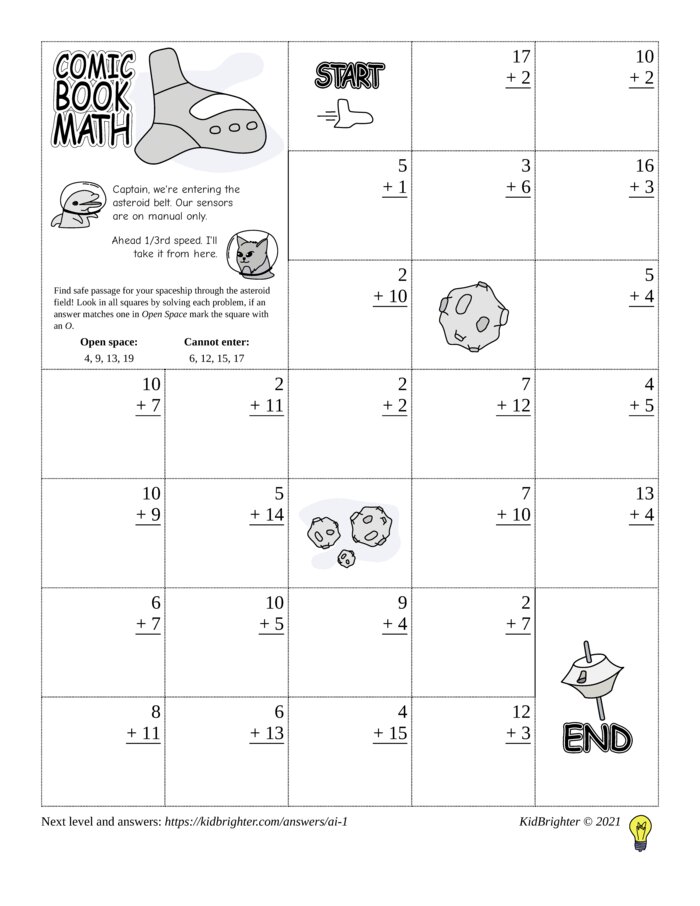 Thumbnail of An addition challenge work sheet for Grade 1.  Find spaceships on a 5 by 7 grid. v1