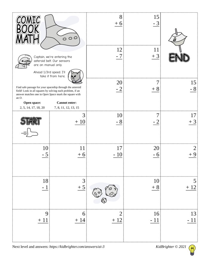 Preview of A mixed addition and subtraction challenge work sheet for Grade 1.  Find spaceships on a 5 by 7 grid. v1