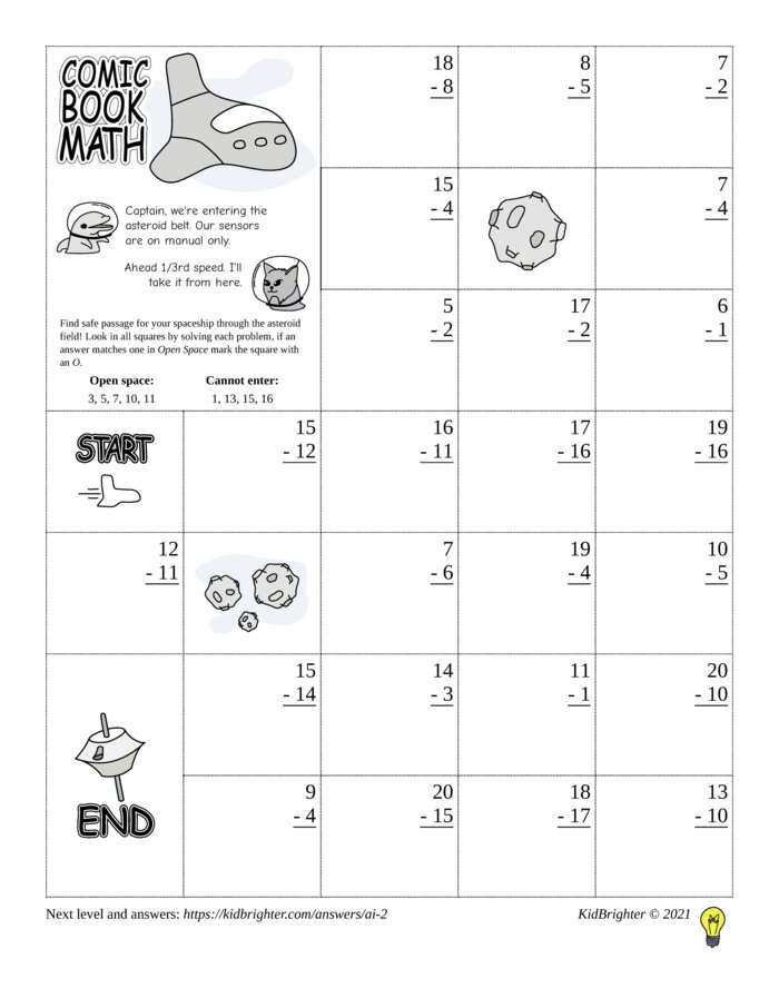 Thumbnail of A subtraction challenge work sheet for Grade 1.  Find spaceships on a 5 by 7 grid. v1