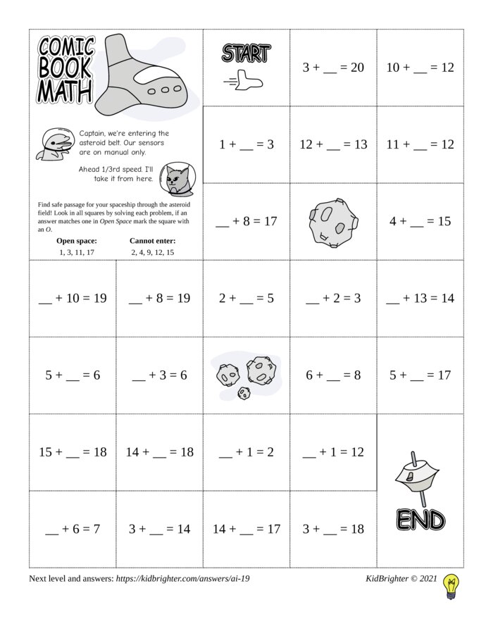 Thumbnail of An addition challenge work sheet for Grade 1.  Find spaceships on a 5 by 7 grid. v1