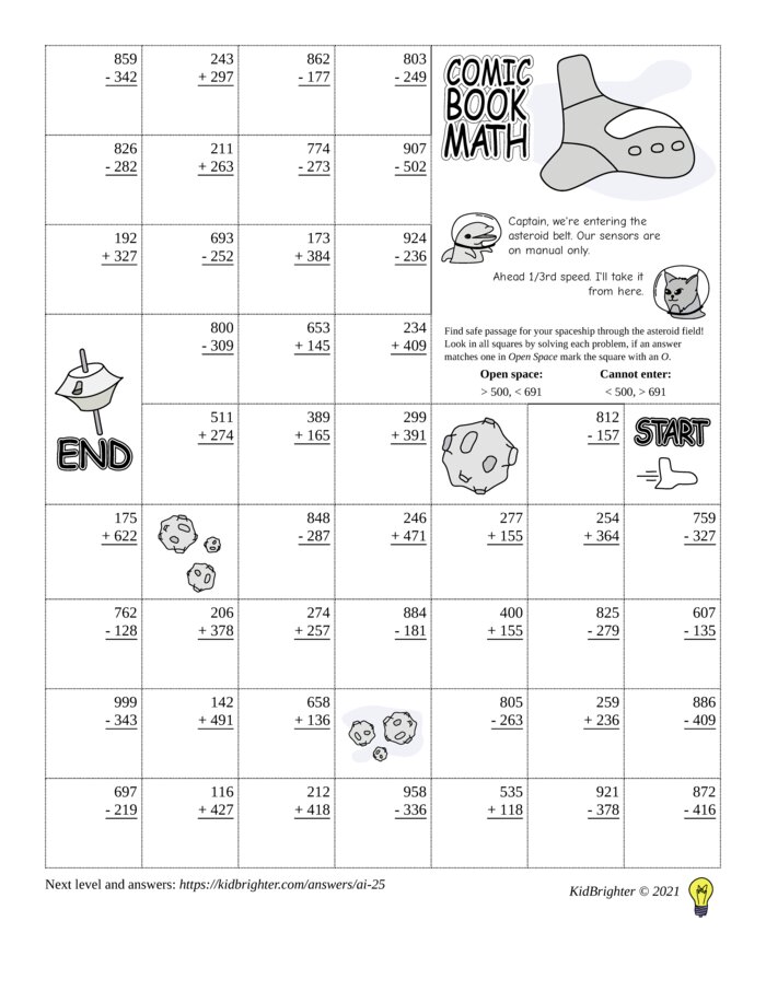Preview of A mixed addition and subtraction challenge work sheet for Grade 2.  Find spaceships on a 7 by 9 grid. v1