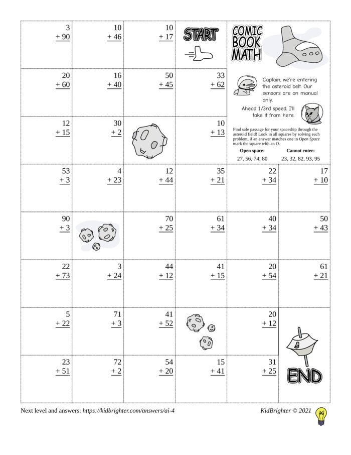Preview of An addition challenge work sheet for Grade 2.  Find spaceships on a 6 by 8 grid. v1