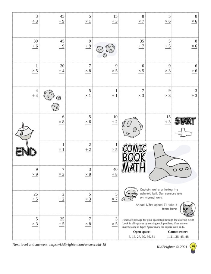 Thumbnail of A multiplication and division challenge work sheet for Grade 3.  Find spaceships on a 7 by 9 grid. v1