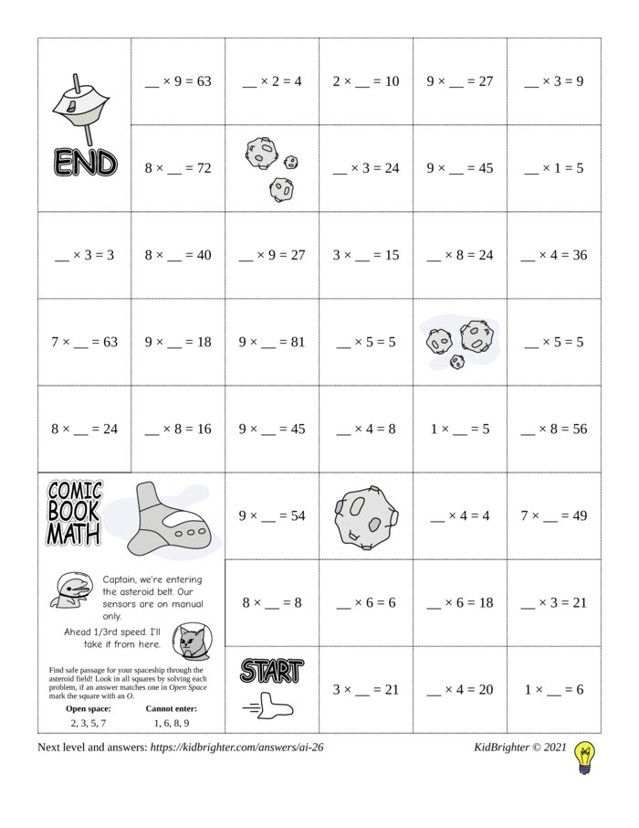 Thumbnail of A multiplication challenge work sheet for Grade 3.  Find spaceships on a 6 by 8 grid. v1