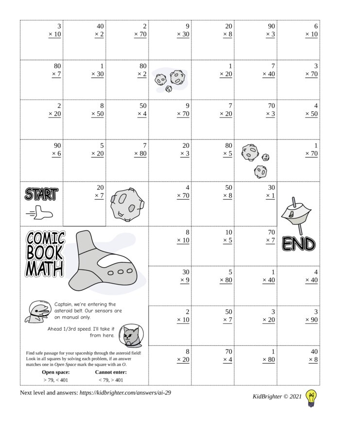 Thumbnail of A multiplication challenge work sheet for Grade 3.  Find spaceships on a 7 by 9 grid. v1