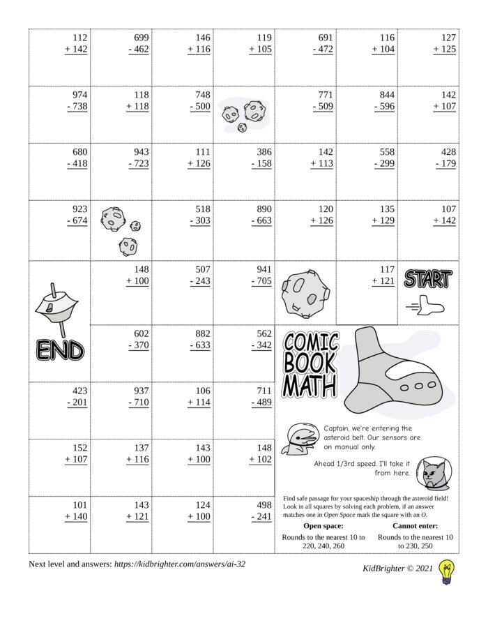 Thumbnail of A mixed addition and subtraction challenge work sheet for Grade 3.  Find spaceships on a 7 by 9 grid. v1
