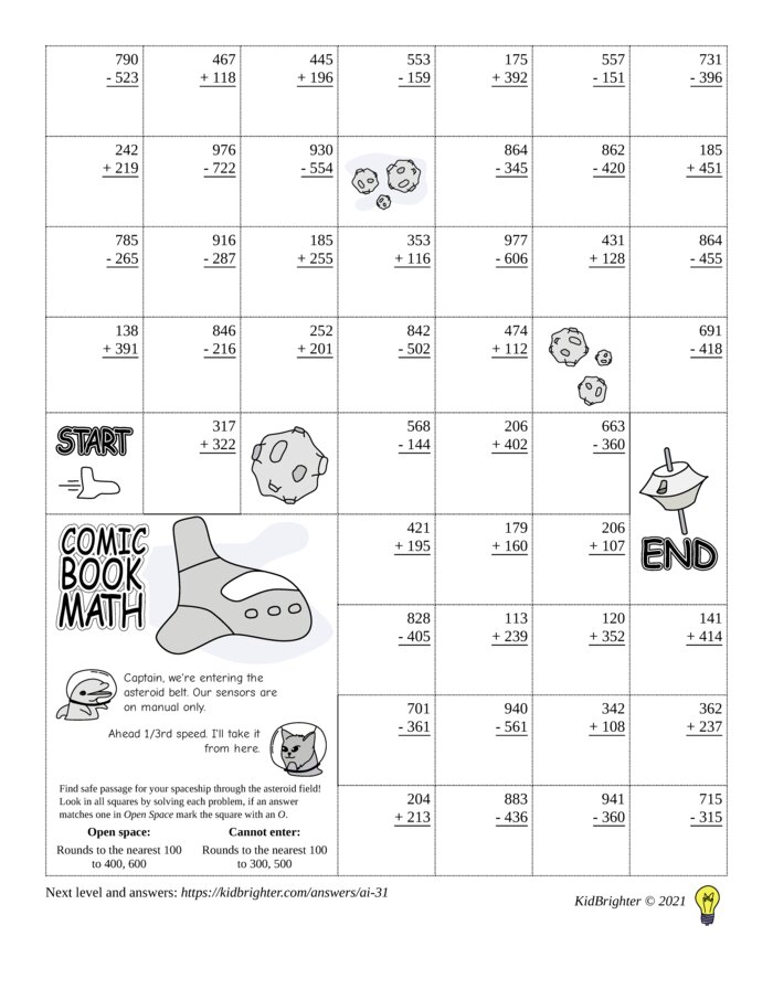 Preview of A mixed addition and subtraction challenge work sheet for Grade 3.  Find spaceships on a 7 by 9 grid. v1