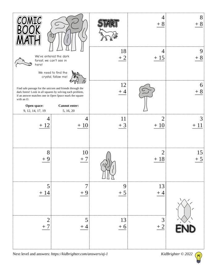 Preview of An addition challenge work sheet for Grade 1.  Find unicorns on a 5 by 7 grid. v1