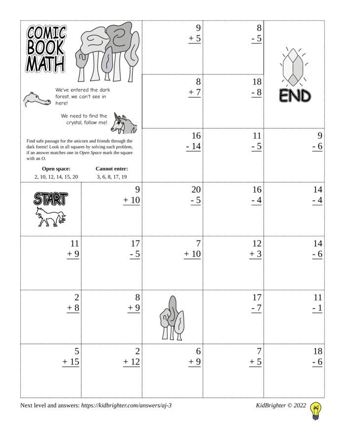 Preview of A mixed addition and subtraction challenge work sheet for Grade 1.  Find unicorns on a 5 by 7 grid. v1