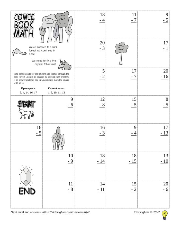Preview of A subtraction challenge work sheet for Grade 1.  Find unicorns on a 5 by 7 grid. v1