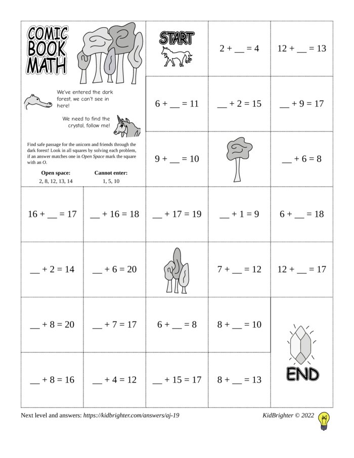 Thumbnail of An addition challenge work sheet for Grade 1.  Find unicorns on a 5 by 7 grid. v1