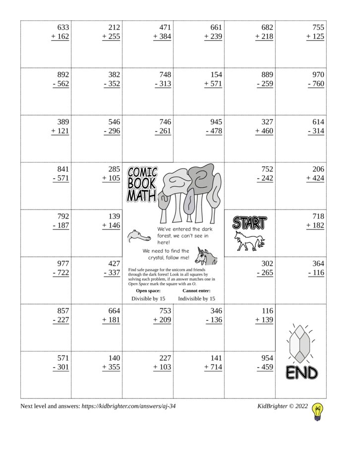 Preview of A mixed addition and subtraction challenge work sheet for Grade 2.  Find unicorns on a 6 by 8 grid. v1