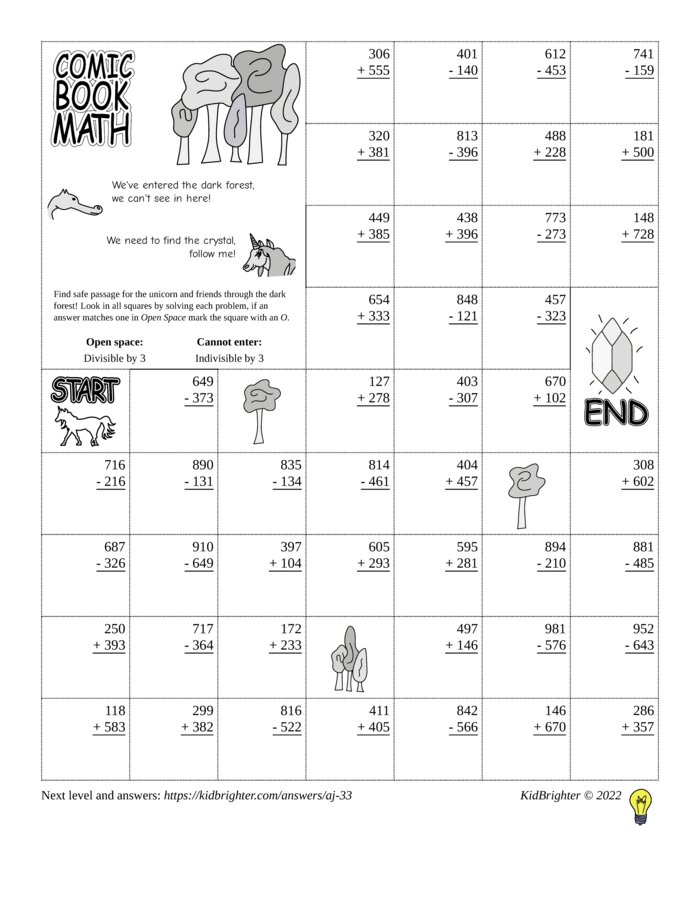 Thumbnail of A mixed addition and subtraction challenge work sheet for Grade 2.  Find unicorns on a 7 by 9 grid. v1