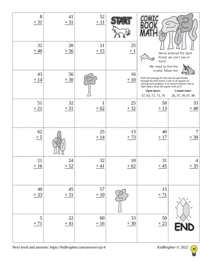 Preview of An addition challenge work sheet for Grade 2.  Find unicorns on a 6 by 8 grid. v1