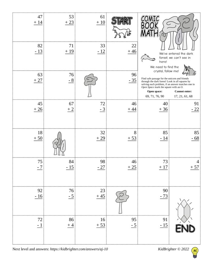 Preview of A mixed addition and subtraction challenge work sheet for Grade 2.  Find unicorns on a 6 by 8 grid. v1