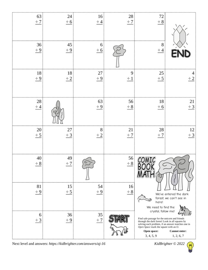 Thumbnail of A division challenge work sheet for Grade 3.  Find unicorns on a 6 by 8 grid. v1