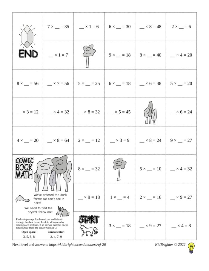 Preview of A multiplication challenge work sheet for Grade 3.  Find unicorns on a 6 by 8 grid. v1