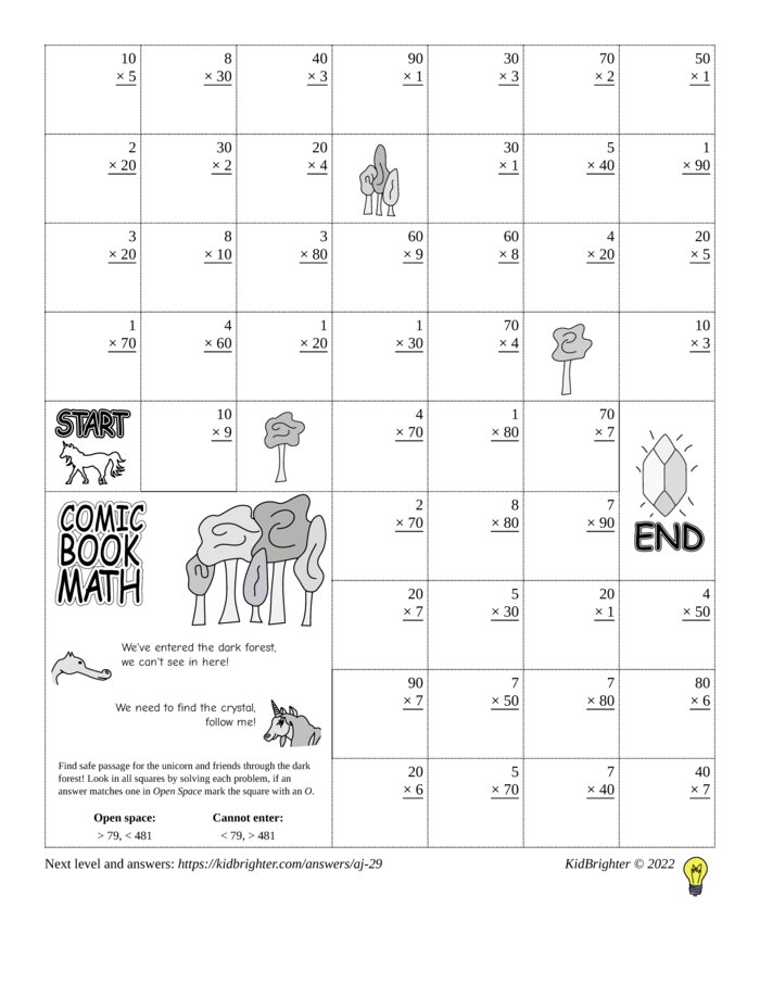 Thumbnail of A multiplication challenge work sheet for Grade 3.  Find unicorns on a 7 by 9 grid. v1