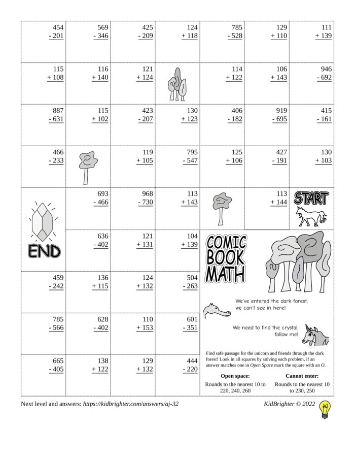 Thumbnail of A mixed addition and subtraction challenge work sheet for Grade 3.  Find unicorns on a 7 by 9 grid. v1