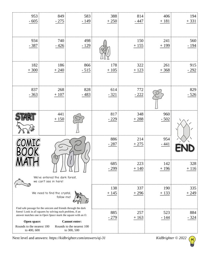 Preview of A mixed addition and subtraction challenge work sheet for Grade 3.  Find unicorns on a 7 by 9 grid. v1