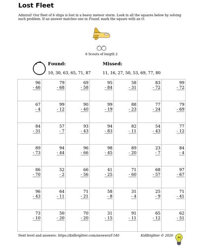 KidBrighter | Subtraction Worksheet for Early Grade 2