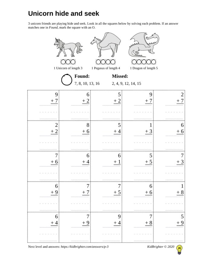 Preview of An addition challenge work sheet for Grade 1.  Find unicorns on a 5 by 5 grid. v1