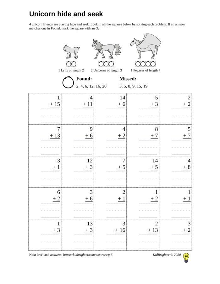 Preview of An addition challenge work sheet for Grade 1.  Find unicorns on a 5 by 5 grid. v1