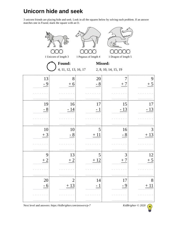 Preview of A mixed addition and subtraction challenge work sheet for Grade 1.  Find unicorns on a 5 by 5 grid. v1