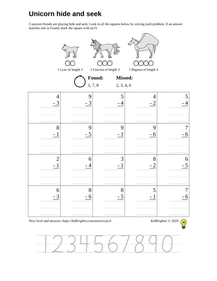 Thumbnail of A subtraction challenge work sheet for Grade 1.  Find unicorns on a 5 by 4 grid. v1
