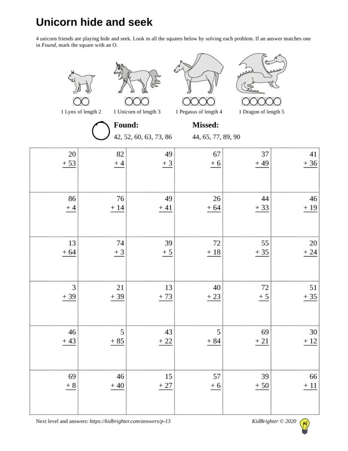 Preview of An addition challenge work sheet for Grade 2.  Find unicorns on a 6 by 6 grid. v1