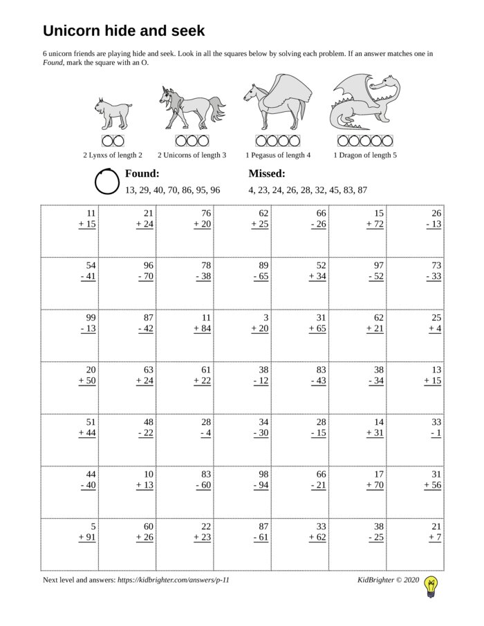 Thumbnail of A mixed addition and subtraction challenge work sheet for Grade 2.  Find unicorns on a 7 by 7 grid. v1