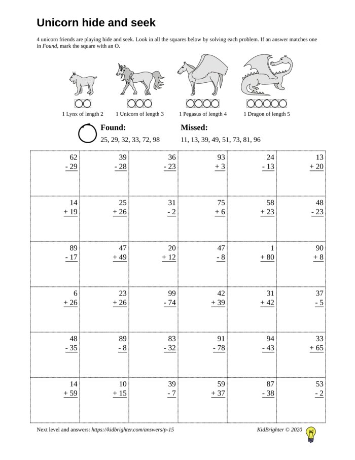 Preview of A mixed addition and subtraction challenge work sheet for Grade 2.  Find unicorns on a 6 by 6 grid. v1
