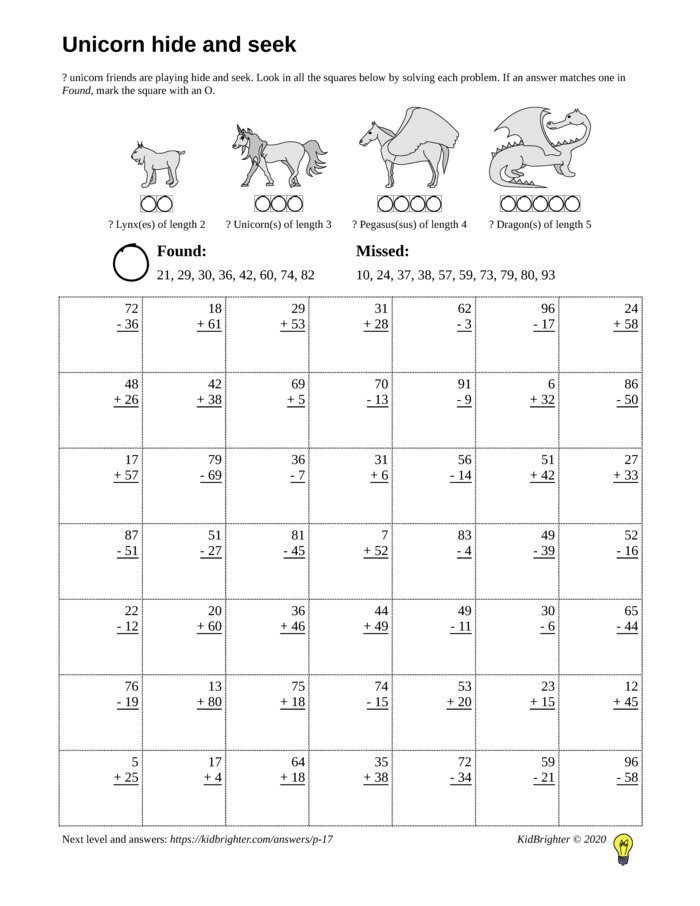 Preview of A mixed addition and subtraction challenge work sheet for Grade 2.  Find unicorns on a 7 by 7 grid. v1