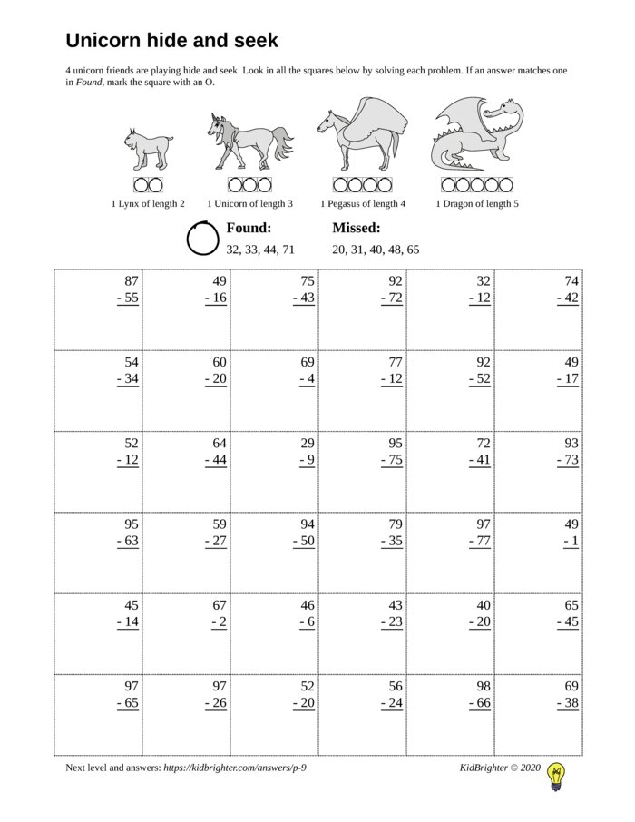 Preview of A subtraction challenge work sheet for Grade 2.  Find unicorns on a 6 by 6 grid. v1