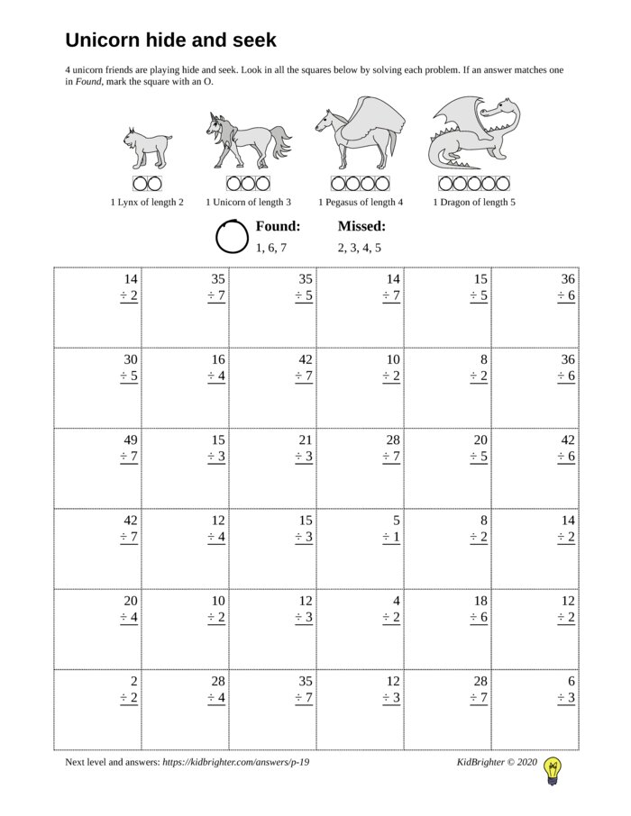 Preview of A division challenge work sheet for Grade 3.  Find unicorns on a 6 by 6 grid. v1
