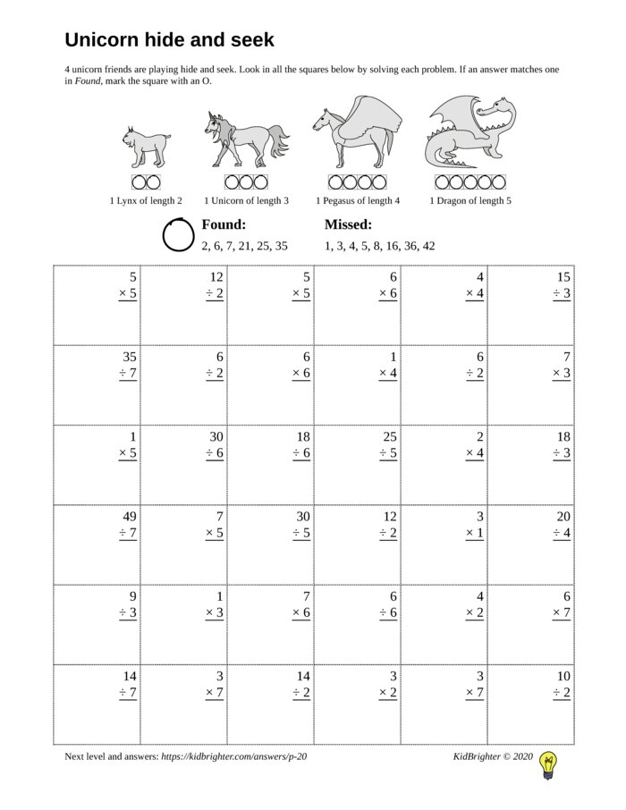 Thumbnail of A multiplication and division challenge work sheet for Grade 3.  Find unicorns on a 6 by 6 grid. v1