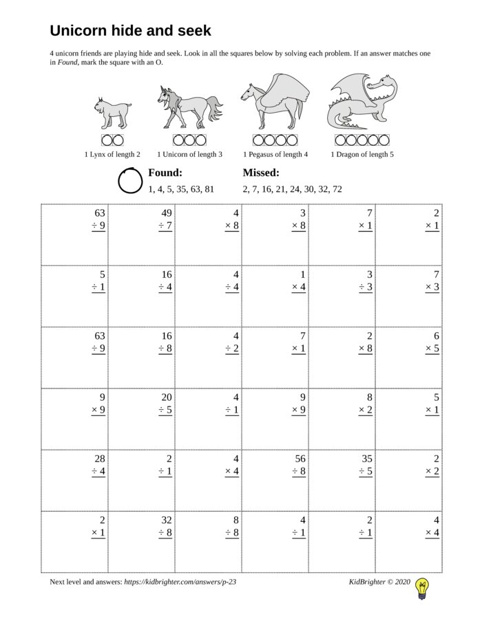 Preview of A multiplication and division challenge work sheet for Grade 3.  Find unicorns on a 6 by 6 grid. v1