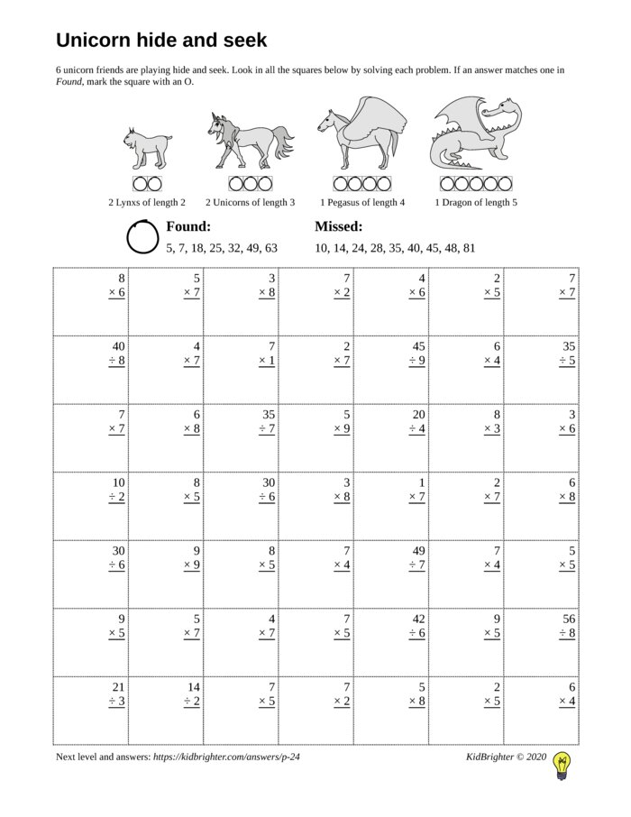 Preview of A multiplication and division challenge work sheet for Grade 3.  Find unicorns on a 7 by 7 grid. v1