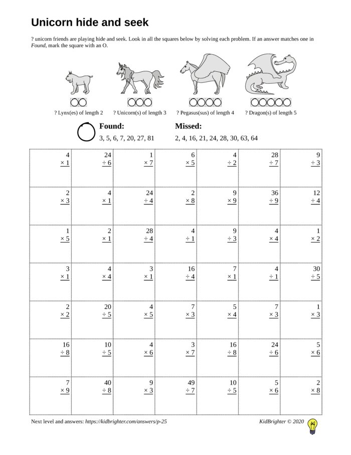 Thumbnail of A multiplication and division challenge work sheet for Grade 3.  Find unicorns on a 7 by 7 grid. v1